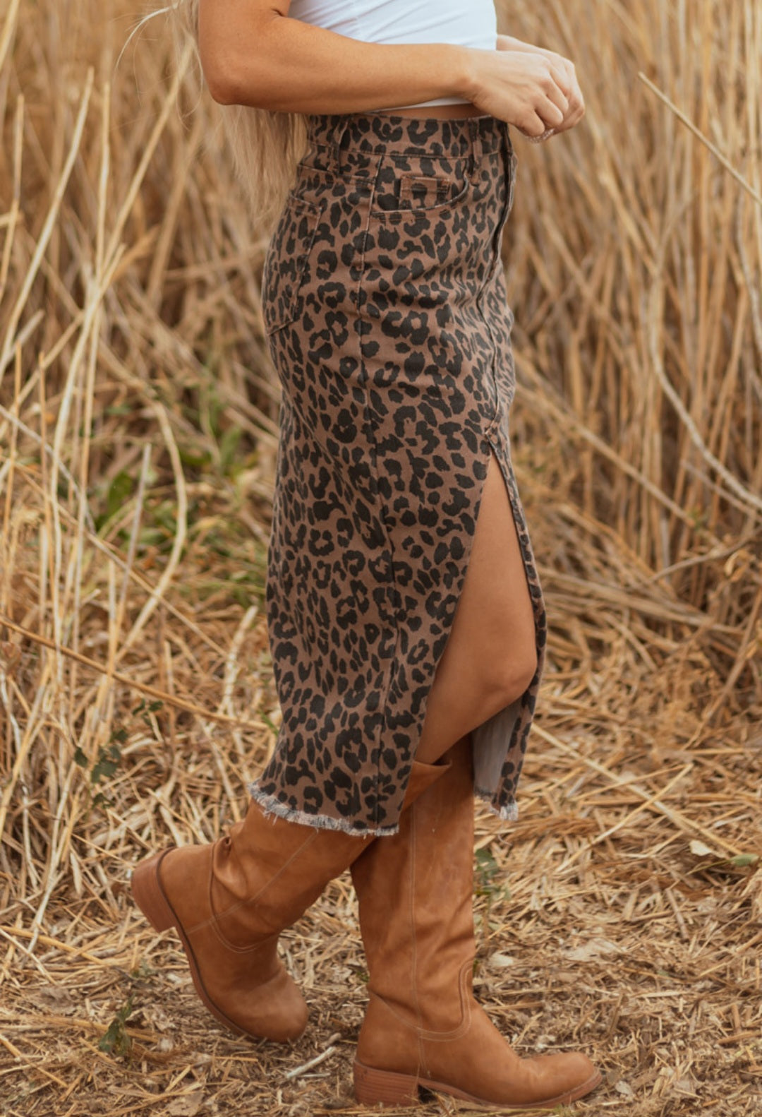 Brown Leopard Split Denim Frayed Midi Skirt