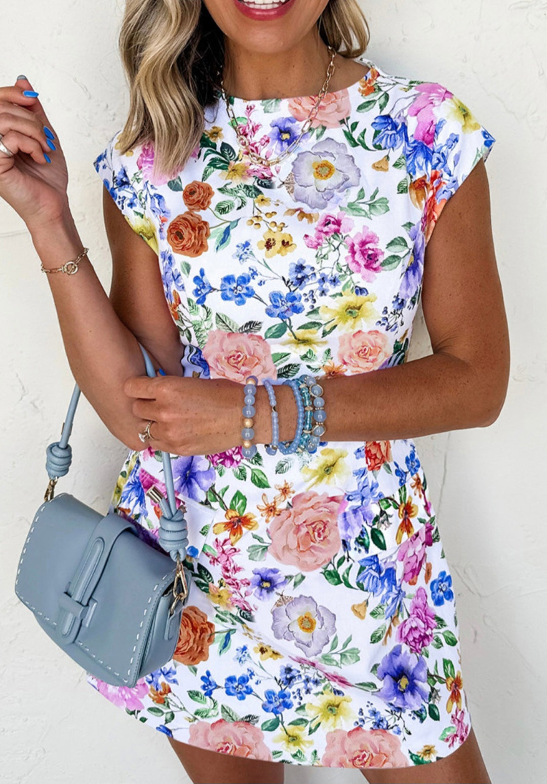 Sky Blue Vibrant Floral Print Cap Sleeve Mini Dress