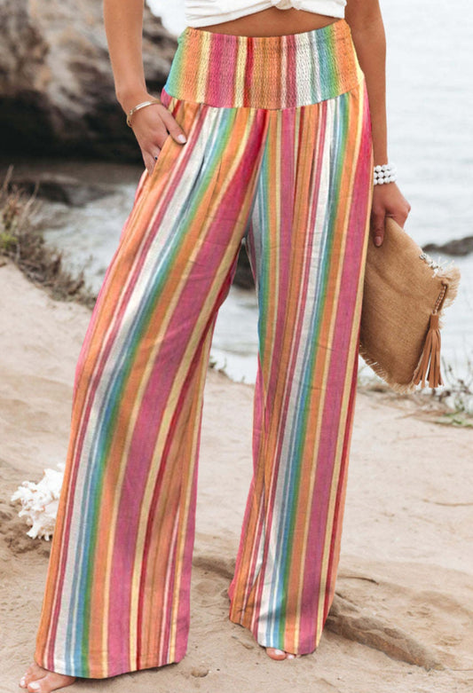 Multicolor Striped Smocked High Waist Wide Leg Pants