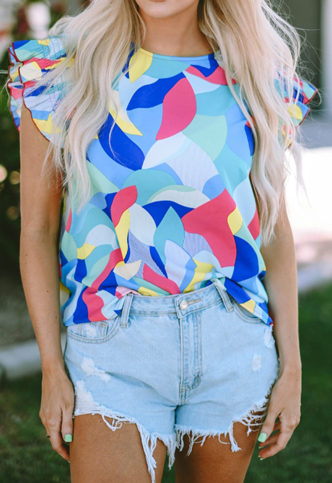 Multicolor Abstract Print Ruffle Sleeve Blouse