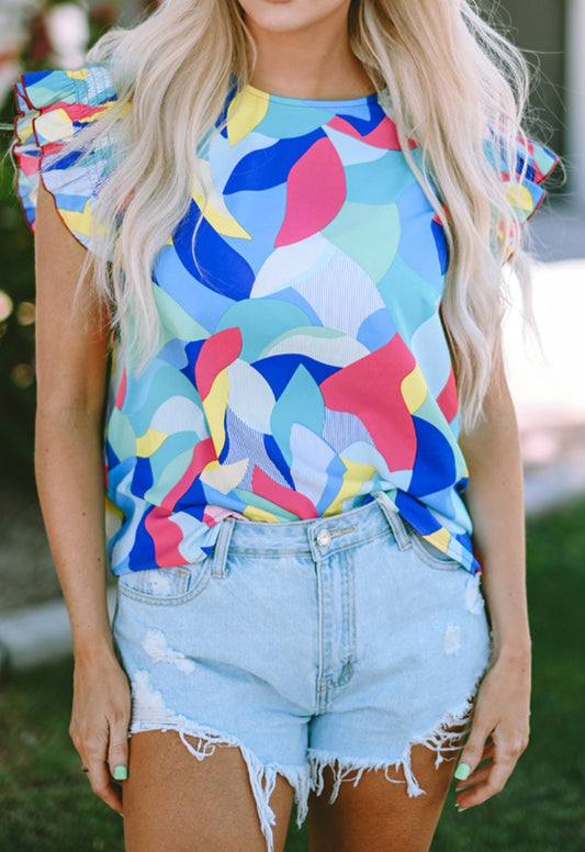 Multicolor Abstract Print Ruffle Sleeve Blouse