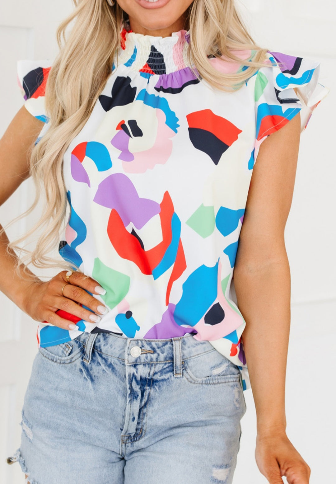 Multicolor Abstract Print Ruffle Sleeve Smocked Blouse