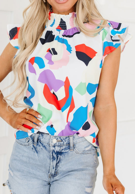 Multicolor Abstract Print Ruffle Sleeve Smocked Blouse
